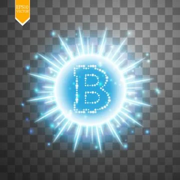 Bitcoin coin over explosion background with blue glitters stars and sparkles on Stock Illustration