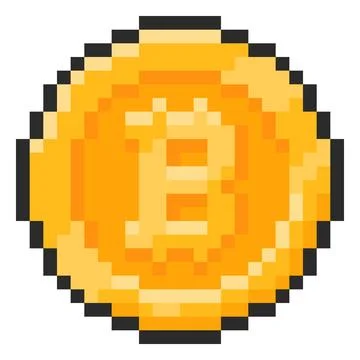 Bitcoin coin pixel art, vector retro 8 bit money cash golden coin, bank BTC Stock Illustration
