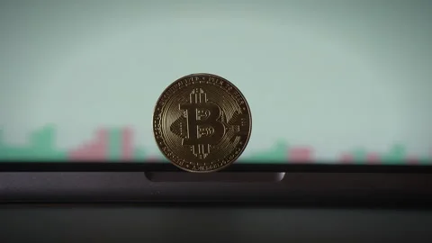 A Bitcoin Coin placed on a Financial Chart Background representing its Stock Footage 295506268