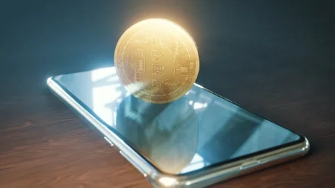 Bitcoin coin spinning on smartphone, CGI animation Stock Footage 153489574