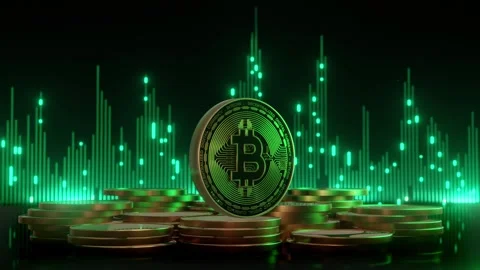 Bitcoin Coin Stacks with Green Data Visualization Stock Footage 274178394