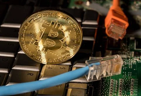 Bitcoin coin standing on keyboard of computer Single bitcoin coin standing... Stock Photos