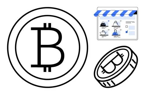 Bitcoin coin in two perspectives with an e-commerce website interface. Ideal  Illustration