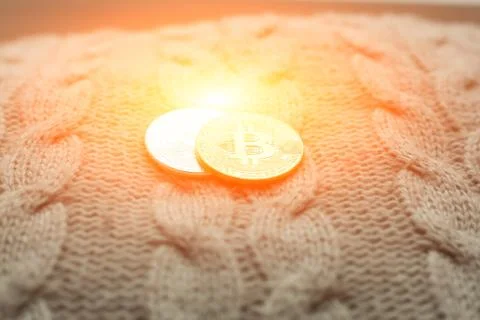 Bitcoin coin on a wool background 스톡 사진