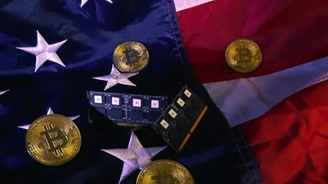 Bitcoin coins and AI computer chips on an American flag Stock Footage 338327740