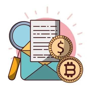 Bitcoin coins dollar email data analysis cryptocurrency digital money Stock Illustration
