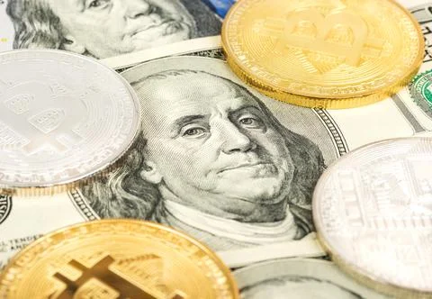 Bitcoin coins with dollars Stock Photos