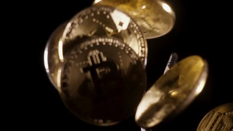 Bitcoin coins fall down slow motion Stock Footage 85472279