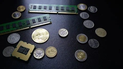 Bitcoin coins falling onto computer hardware representing digital finance Stock Footage 331121719