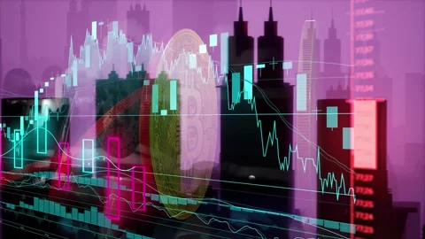 Bitcoin coins falling down to each other with futuristic city in background  Stock Footage 258467054