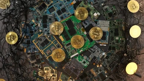 Bitcoin coins on microchips rotating surface technology futuristic background Video stock 270453475