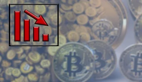 Bitcoin coins with negative falling graph and loss of market value Stock Illustration