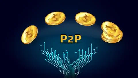 Bitcoin coins over PCB tracks and P2P text isolated on dark blue background.  Stock Illustration