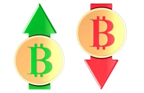 Bitcoin coins with red arrow down and with green growth arrow. Falling and .. Stock Illustration