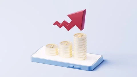 Bitcoin coins stack up dynamically on smartphone screen with rising arrow v.. Vidéo 327248225