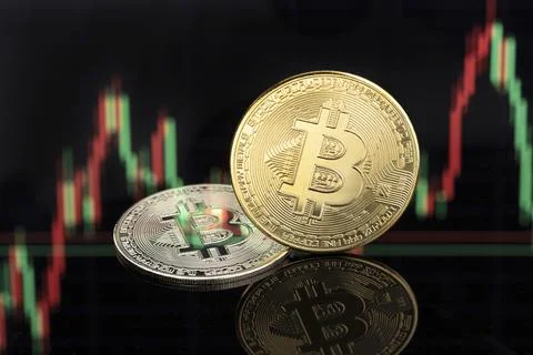 Bitcoin coins on stock chart background. Cryptocurrency blockchain money. Copy Stock Illustration