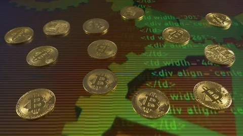 Bitcoin on computer code and wheels Stock Footage 87444535