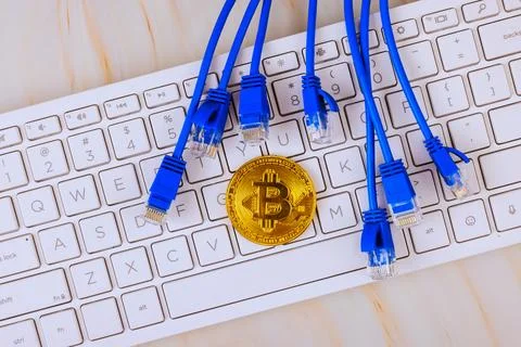 Bitcoin on computer keyboard by network cables during crypto mining blockch.. 库存照片