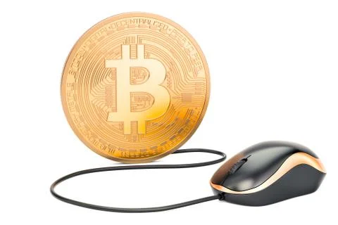 Bitcoin with computer mouse. Mining concept, 3D illustration Illustrazione stock