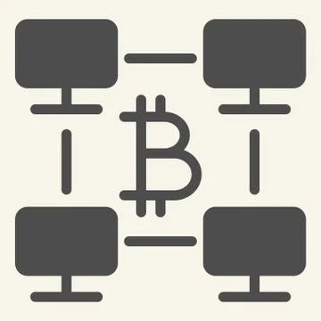 Bitcoin computer network solid icon. Bitcoin network platform vector Stock Illustration