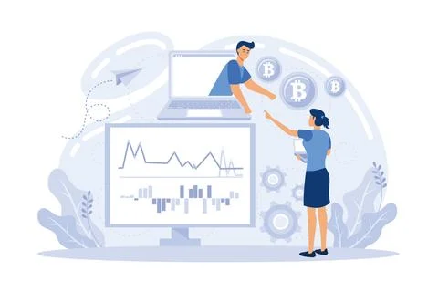 Bitcoin concept vector illustration of young people using laptop and smartp.. Illustrazione stock
