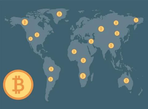 Bitcoin concept,Coins spread around on background map world.vector Illustrato Stock Illustration