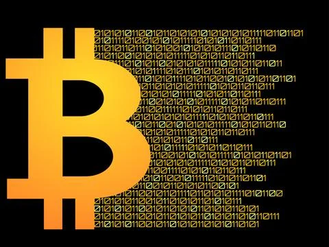 Bitcoin consisting of binary code, technology logo, payment symbo Stock Illustration