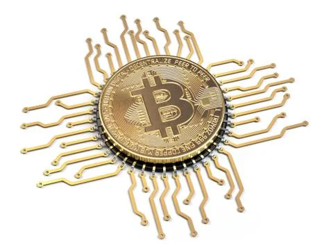 Bitcoin like a  CPU computer processor isolated on white background. 写真素材