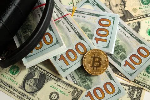 Bitcoin cripto money with dolar banknotes Stock Photos