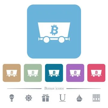 Bitcoin criptocurrency mining flat icons on color rounded square backgrounds Stock-Illustration