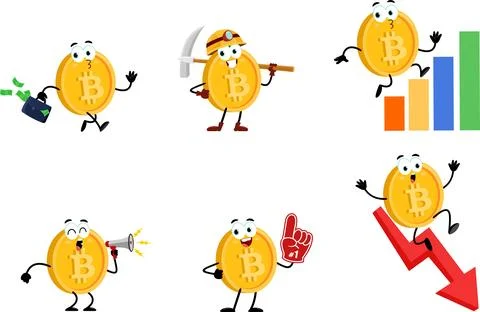 Bitcoin Crypto Cartoon Character. Vector Flat Design Collection Set 스톡 일러스트