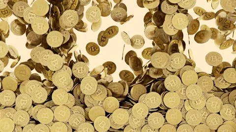 Bitcoin crypto coins falling down. Gold bitcoin cryptocurrency coins drooping. Vídeo Stock 267842971