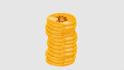 Bitcoin crypto coins falling on a single stack - cartoon style animation Stock Footage 309826056