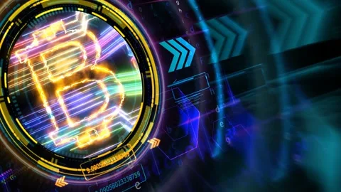Bitcoin crypto currency and quantum futuristic computer technology ring and Stock Footage 153312746