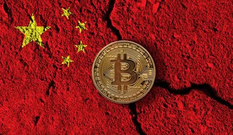 Bitcoin crypto currency coin with cracked China flag. Crypto restrictions Illustration
