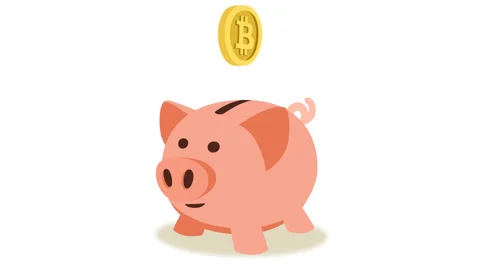 Bitcoin crypto currency coins falling into a pink piggy bank. Animation alpha 스톡 동영상 85897017
