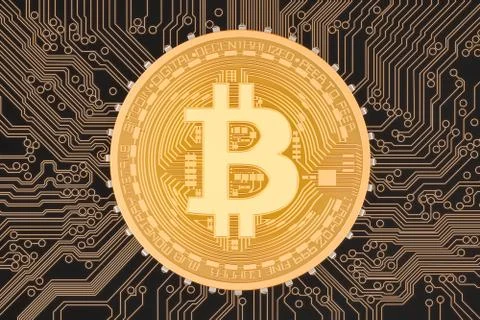 Bitcoin crypto currency concept with circuit board, 3D rendering 스톡 일러스트