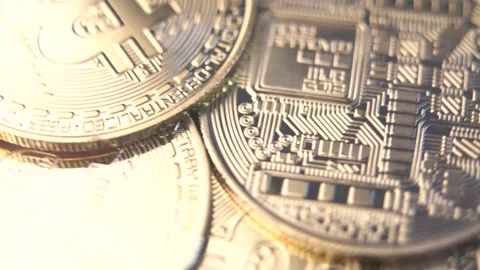 Bitcoin Crypto currency Gold Bitcoin BTC Bit Coin close up of Bitcoin coins Stock Footage 144315581