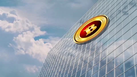 Bitcoin crypto currency logo on the building Stock Footage 295163688