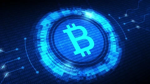 Bitcoin crypto currency logo inside blue binary tunnel. Vídeos de archivo 155346118