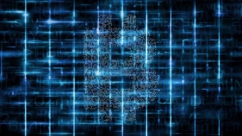 Bitcoin crypto currency logo inside blue binary data tunnel. Stock Footage 155695404