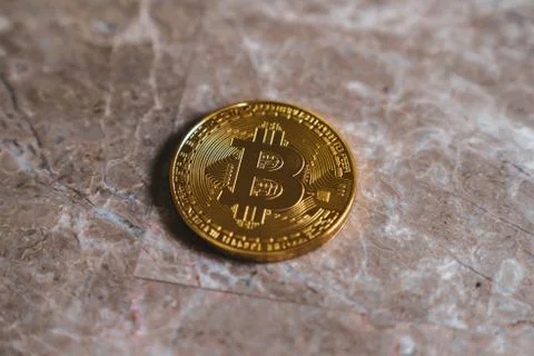 Bitcoin Crypto Currency Physical Coin on Stone Background Stock Photos