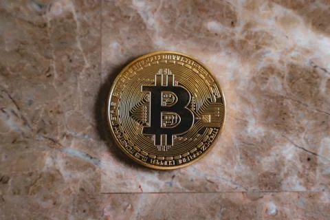Bitcoin Crypto Currency Physical Coin on Stone Background Stock Photos