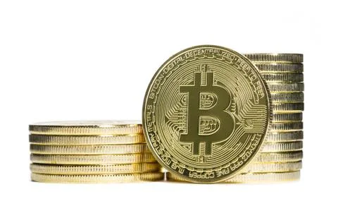 Bitcoin Crypto Currency Stacks Close Up with One Coin Face-on 写真素材