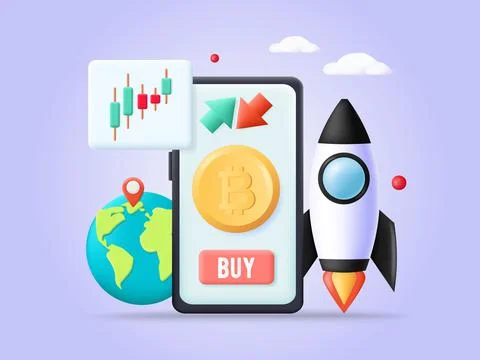 Bitcoin crypto currency trading rocket 3d vector Illustrazione stock