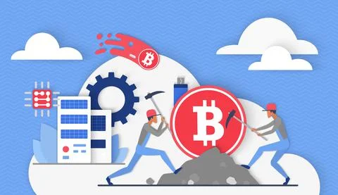 Bitcoin crypto currency, virtual data mining, tiny miners work with picks in Stock Illustration