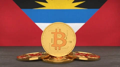 Bitcoin cryptocurrency on the background of the flag of Antigua and Barbuda Stock Footage 166151909