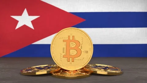 Bitcoin cryptocurrency on the background of the flag of Cuba Stock Footage 166151970