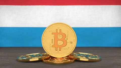 Bitcoin cryptocurrency on the background of the flag of Luxembourg Stock Footage 166152077