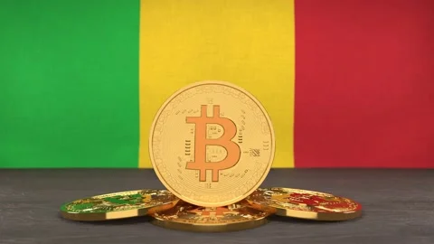 Bitcoin cryptocurrency on the background of the flag of Mali Stock Footage 166152085